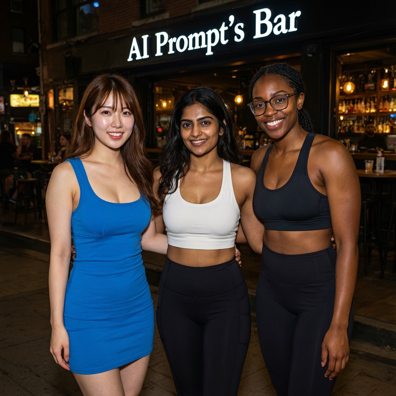 Photorealistic image, late at night. The image shows a pretty 21-year-old Japanese woman wearing a blue dress that fits her body. Next to her is a pretty 24-year-old Indian woman wearing a crop top and leggings that fit her. Another is a pretty Black woman, age 23–27, wearing gym wear and glasses. They are having a group photo in front of a bar called “AI Prompt’s Bar.” The image shows full front, back, and side views of the women. Vibe: busy friends who finally made time to hang out. — Qwen Image 3.0 Pro