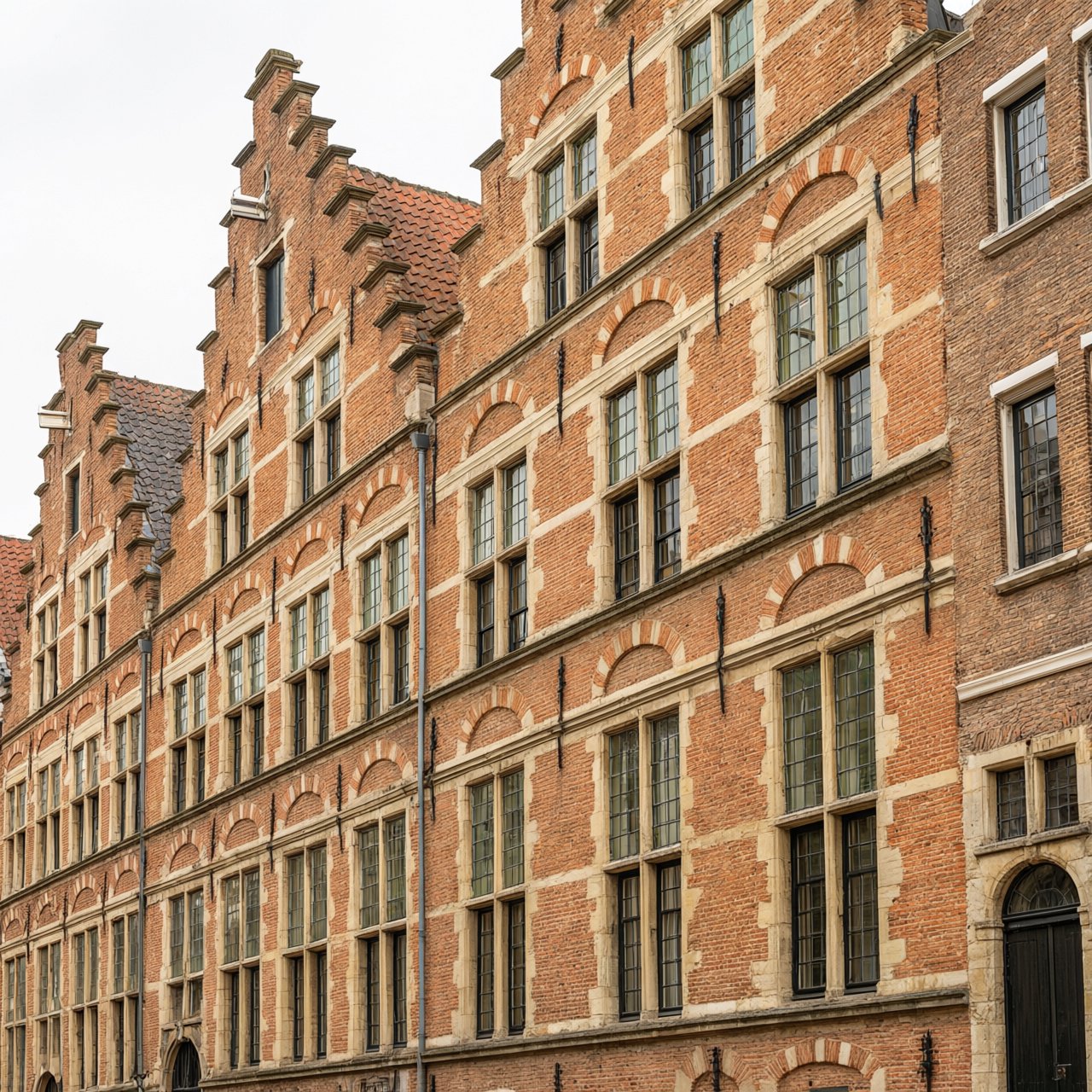 Exterior of a Dutch Renaissance canal-side archive, with warm red brick, pale stone bands, stepped gables, and tall sash windows; soft overcast light reveals the masonry, viewed from the opposite quay, with convincing structure and precise architectural lines. — Qwen Image 3.0 Pro
