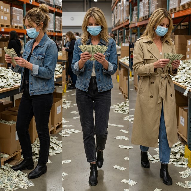 Adult women wearing masks (the kind you wear when you have a cold), in a warehouse, all wearing the kinds of outfits you would see models wear on a runway, counting lots of money (money is seen everywhere, on tables, on the floor, etc.). At least 4 different POVs. — Qwen Image 3.0 Pro