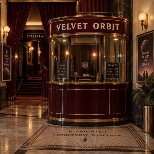 In a restored neighborhood cinema, brass sconces illuminate velvet curtains and a glass ticket booth; "VELVET ORBIT" is painted in ivory block letters across the booth’s burgundy fascia. — GPT Image 2.5 Sunburst