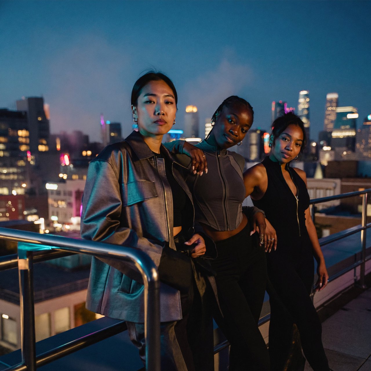 Realistic adult Korean, Black, and mixed-race female rappers filming a music video, all wearing fitted clothes. The music video is about how they are making money and are set to rule, with a really cool, laid-back vibe, shown from many angles. — ImagineArt 2