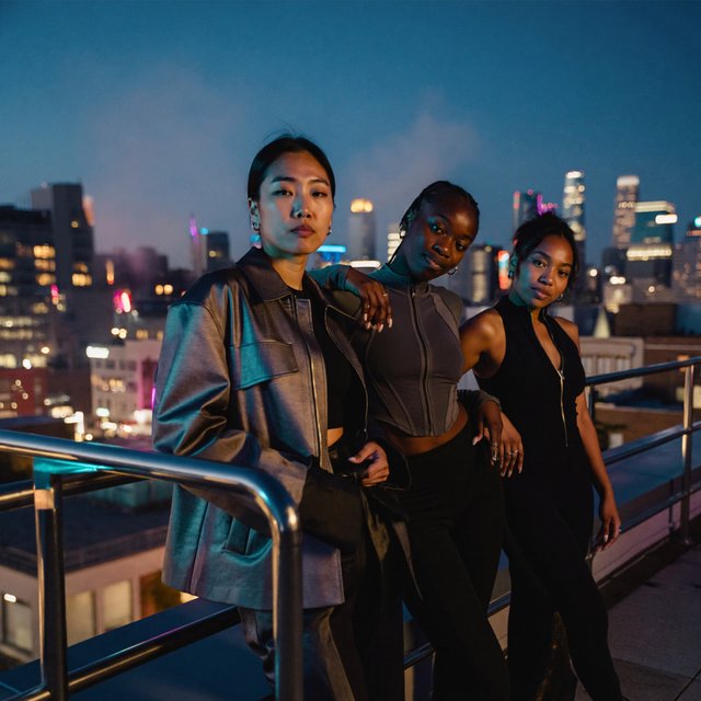 Realistic adult Korean, Black, and mixed-race female rappers filming a music video, all wearing fitted clothes. The music video is about how they are making money and are set to rule, with a really cool, laid-back vibe, shown from many angles. — ImagineArt 2