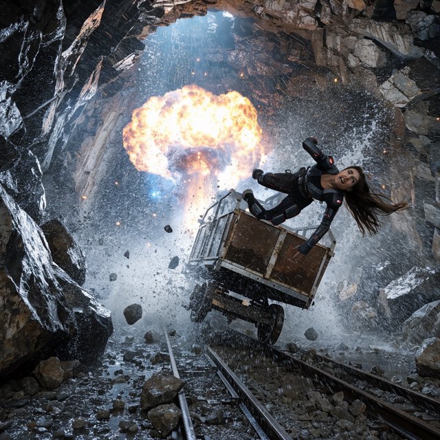 Collapsing mine, woman in a futuristic outfit, in a runaway mine cart. The cart is moving towards the foreground. Behind her cart, there was a huge explosion in the mine. The impact of the explosion is so great that it has knocked the cart off the tracks and sent the rider flying. Angle the empty cart, which is in the process of shattering, close to the woman. Focus the image on the female rider who has flown off the cart. Ensure her features are photorealistic. Make the scene photorealistic, explosive, and exciting as if it is from an action-packed movie. — Recraft v4