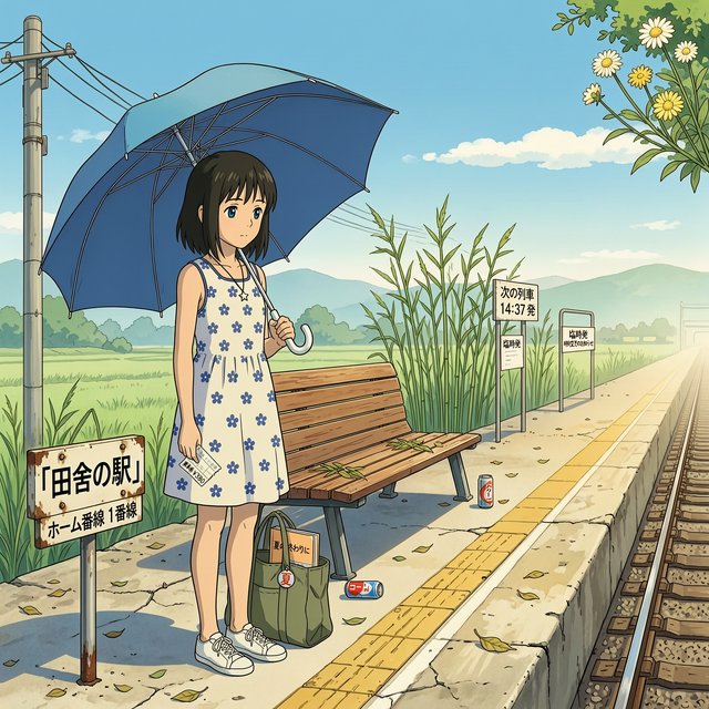 Anime-style illustration of a girl with a blue umbrella waiting at a rural train station in summer, cicadas implied by heat haze, cel shading. — Wan 2.7