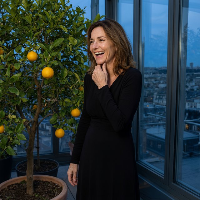At a quiet rooftop conservatory, an adult woman in her early sixties wears a long-sleeved black evening gown, caught laughing softly beside a citrus tree as blue-hour light spills through the glass; poised styling brings fashion-magazine polish. — Model 18