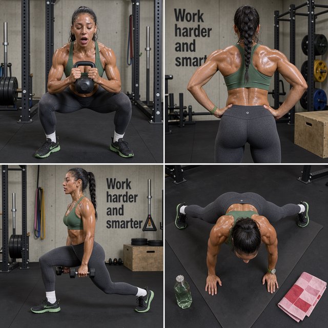 A pretty adult mixed-race woman of Korean and Black heritage, wearing fitted gym wear. Scene: a heavy workout with sweat. POV: full front, back, side, and aerial views. Near her are a unique-looking water bottle, a diamond green watch, a pink and red towel, and text in the background that says “Work harder and smarter”. — Model 1