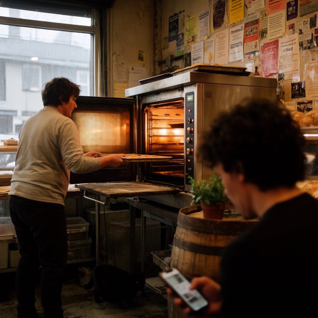 Candid documentary photograph of an adult baker sliding a tray of bread into a neighborhood bakery oven, warm oven glow mixing with gray dawn window light, 35mm lens with moderate depth of field, flour dust suspended above the workbench. — Krea 2 Large