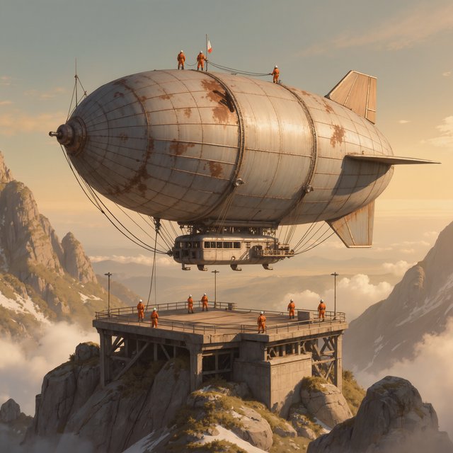 Concept art of a weathered cargo airship docking at a mountaintop station, crew tiny for scale, late afternoon light. — Kling v3 Omni