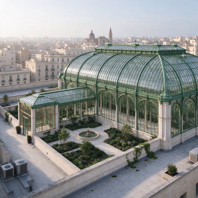 From a nearby rooftop, an Art Nouveau conservatory curves around a planted courtyard, its green copper ribs, clear glass, and pale stone base catching hazy morning light; orderly rooflines and believable supports show from above. — Seedream 5.0 Flash