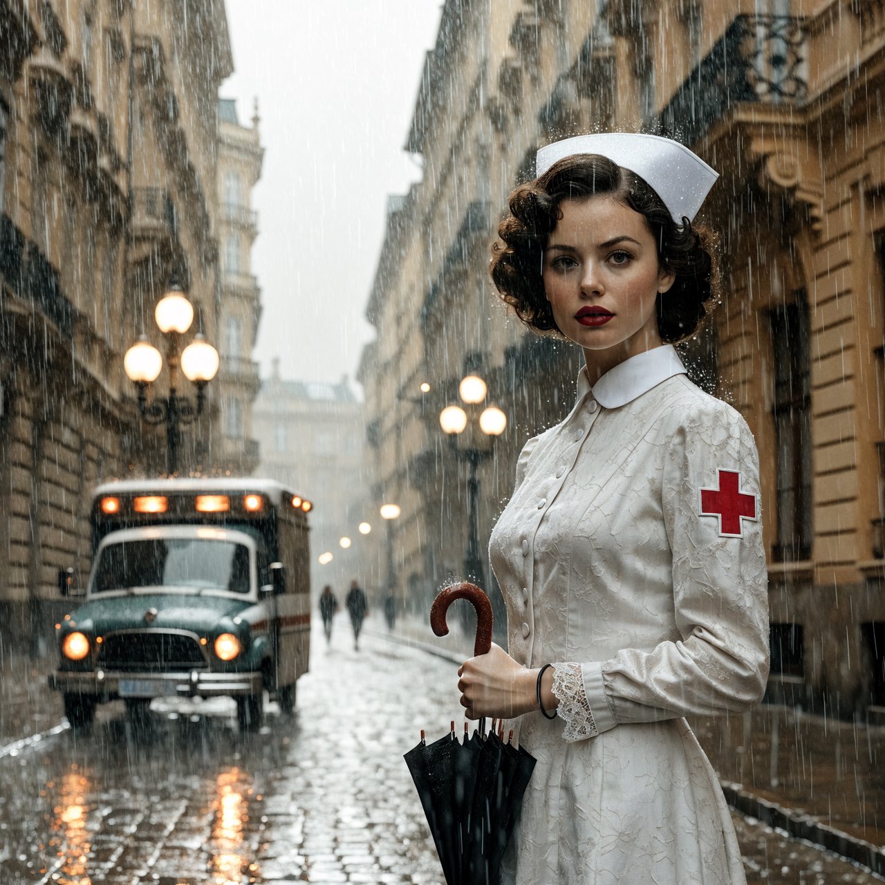 A digital illustration depicts an attractive vintage-style nurse with fair skin and dark, curly hair styled in waves reminiscent of past decades. She wears red lipstick, a white nurse's cap, a uniform, and a cross emblem on her sleeve. A classic European street scene featuring an ambulance and old buildings forms the background. — Recraft v4 Pro