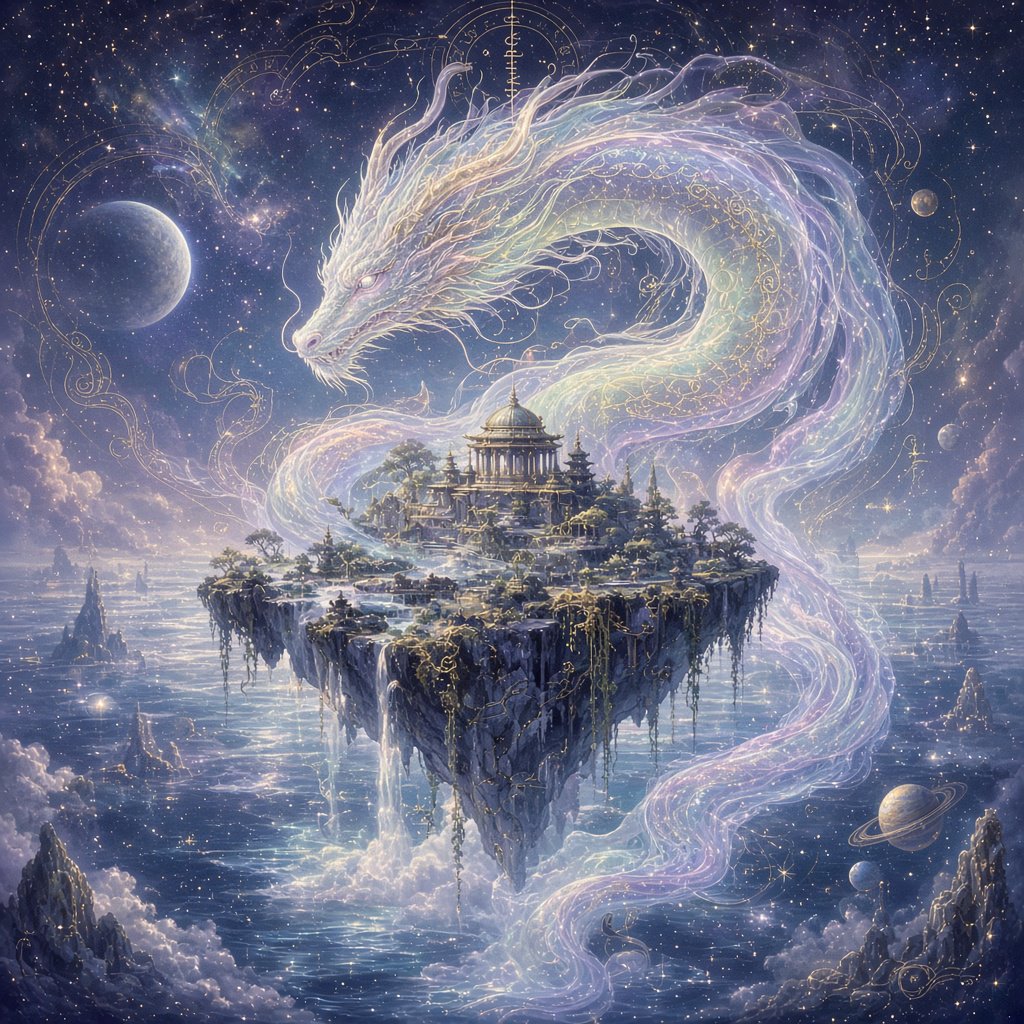 Whispers of mythic power coalesce into a spectral dragon, its form translucent and shimmering with auroral light, coiled around a floating island within a boundless celestial sea. Star-filled oceans stretch to the horizon, dotted with shimmering celestial bodies. The art style blends ethereal fantasy illustration with a subtle nod to ancient mythology, focusing on flowing lines and soft, glowing colors. The atmosphere is one of profound mystery and ancient magic. — Grok Imagine Image 2