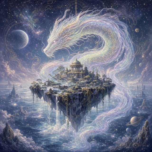 Whispers of mythic power coalesce into a spectral dragon, its form translucent and shimmering with auroral light, coiled around a floating island within a boundless celestial sea. Star-filled oceans stretch to the horizon, dotted with shimmering celestial bodies. The art style blends ethereal fantasy illustration with a subtle nod to ancient mythology, focusing on flowing lines and soft, glowing colors. The atmosphere is one of profound mystery and ancient magic. — Grok Imagine Image 2