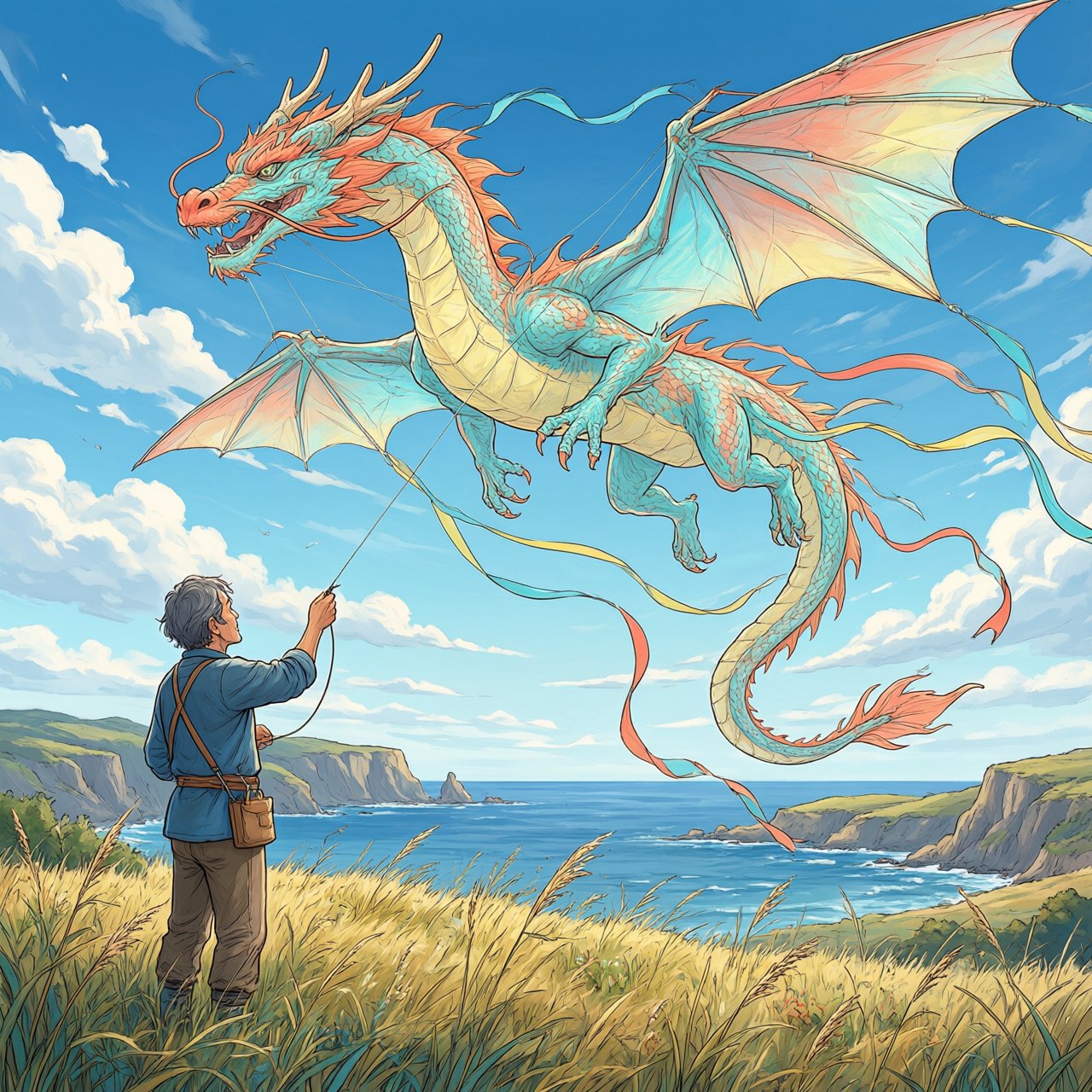 Cel-shaded anime illustration of an adult kite maker testing a vast translucent dragon-shaped kite on a windy coastal bluff, ribbons streaming above wild grasses and distant cliffs. Palette of coral, turquoise, butter yellow, and deep blue, with clean contours and a luminous sky. — Qwen Image 3.0 Pro