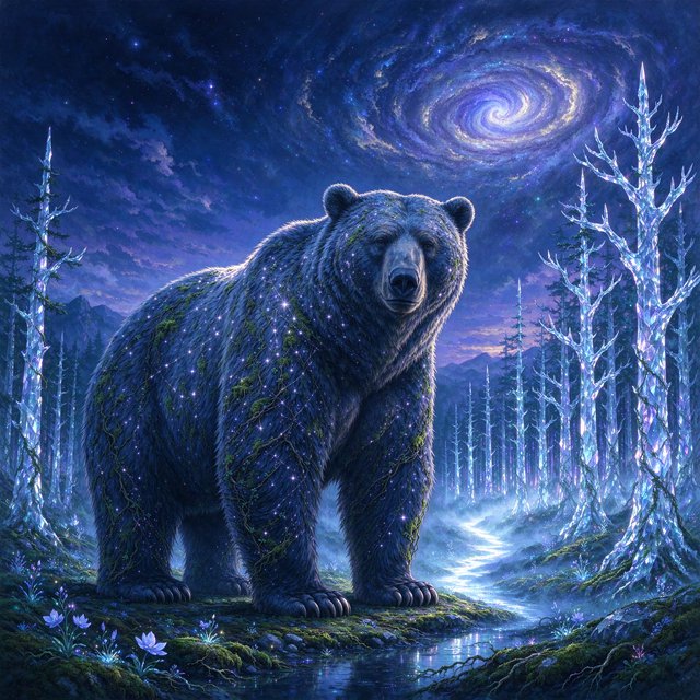 A colossal ancient bear, its fur woven with moss and starlight, stands at the edge of a shimmering, otherworldly forest. The trees are made of crystal and emit a soft, ethereal glow. In the distance, a nebula swirls in the twilight sky. The scene is rendered in a fantasy art style, with surrealist elements and cinematic lighting that emphasizes the majestic scale of nature. — Seedream 5.0 Flash