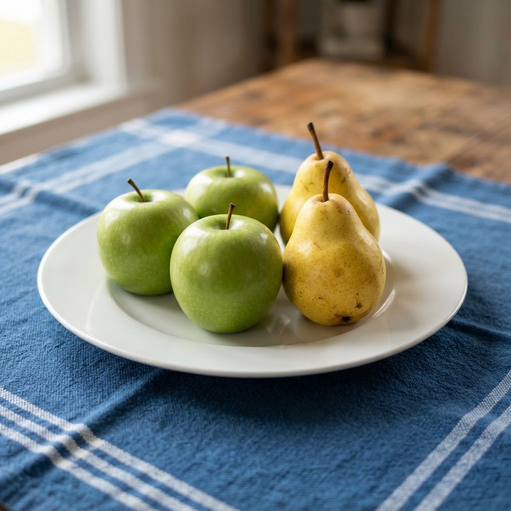 Exactly three green apples and two yellow pears on a white plate, the plate on a blue tablecloth, nothing else on the table. — Nano Banana 2 Lite