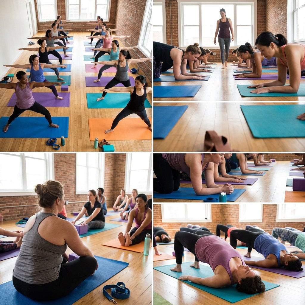 A realistic image of a group of adult women at a yoga class. Women of many races, with slim, curvy, and other body types, all wearing yoga wear, all on colorful yoga mats, all posing, with many angles and POVs. 3–6 angles. — Nano Banana 2.1