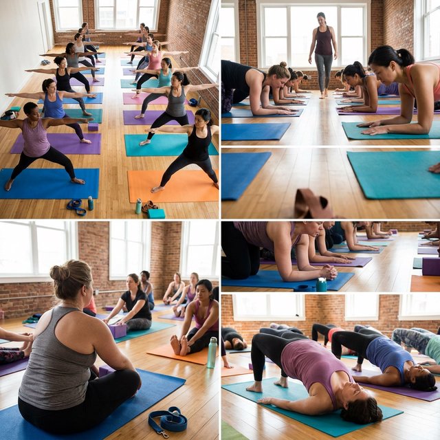 A realistic image of a group of adult women at a yoga class. Women of many races, with slim, curvy, and other body types, all wearing yoga wear, all on colorful yoga mats, all posing, with many angles and POVs. 3–6 angles. — Nano Banana 2.1