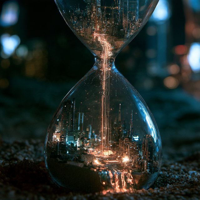 A macro close-up of a miniature glowing cyberpunk city built entirely inside a hollow cracked hourglass, tiny illuminated skyscrapers, flowing neon waterfalls, volumetric light rays piercing through sand, dark moody cinematic lighting, photorealistic depth of field — Midjourney V8.2