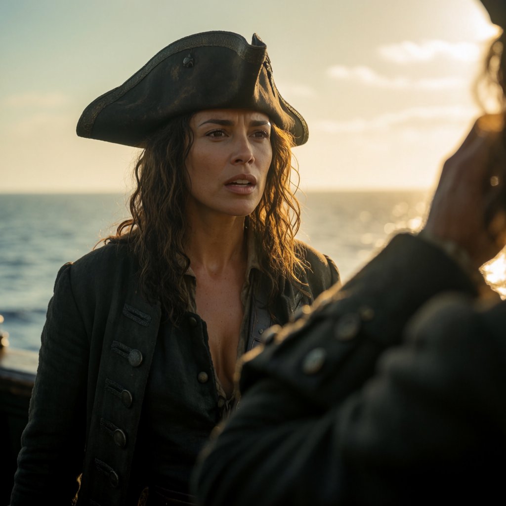 A pirate woman wearing a tricorne hat and an open coat stands behind the helmsman, scanning the horizon for danger. — Krea 2 Medium