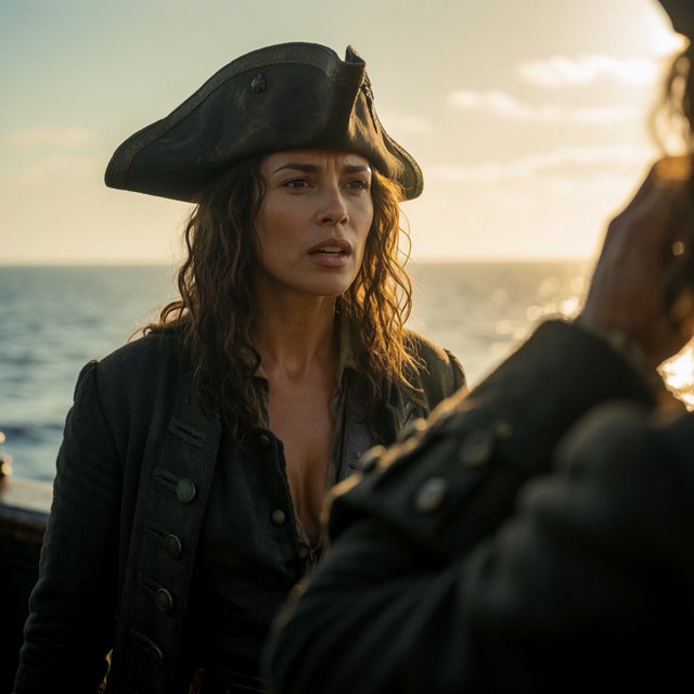 A pirate woman wearing a tricorne hat and an open coat stands behind the helmsman, scanning the horizon for danger. — Krea 2 Medium