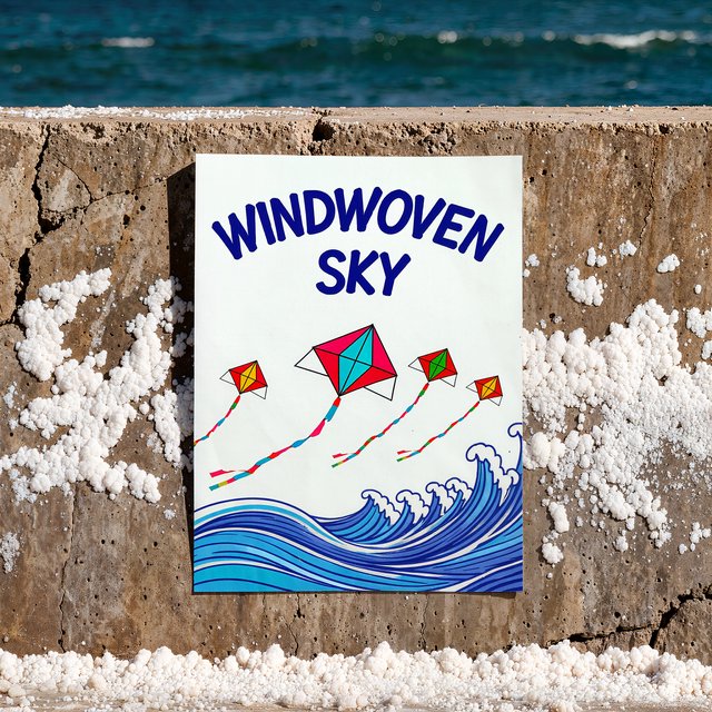 On a salt-stained seawall, a printed poster for a kite-making exhibition shows bright diamond kites sweeping above blue waves; “WINDWOVEN SKY” is screen-printed in sweeping cobalt script, with no other legible writing. — Model 9