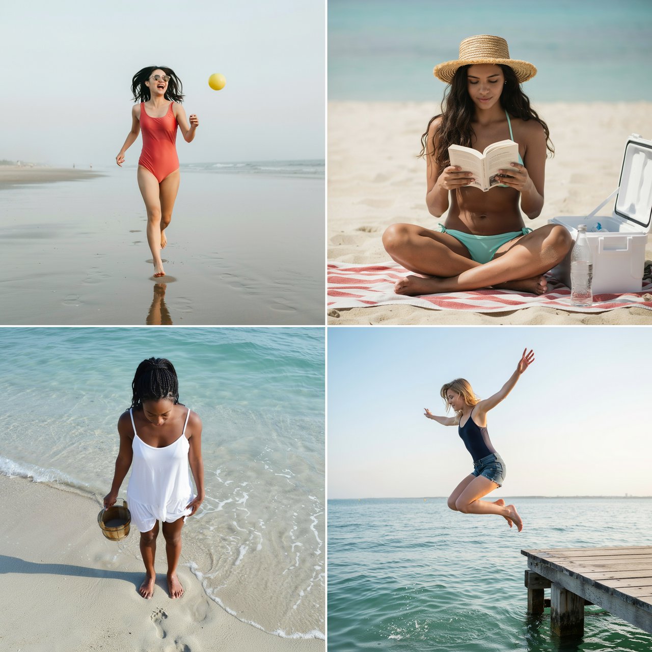 Photorealistic collage of at least four distinct beach scenes showing adult women from around the world having fun, with each scene presented from a different camera angle. — Ideogram v4