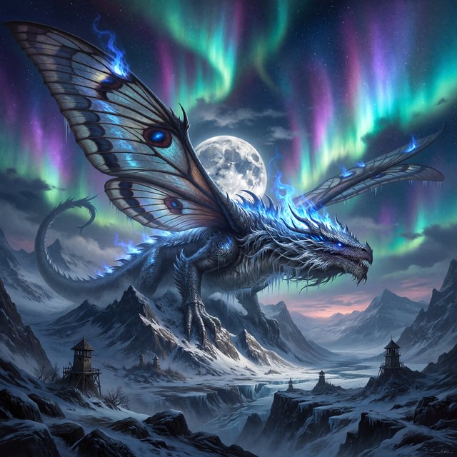 A colossal moon-moth leviathan rests atop a snowbound mountain ridge, its translucent wings veined with blue fire and its fur silvered by frost. Tiny abandoned watchtowers below emphasize its immense scale beneath an aurora-filled sky. — ImagineArt 1.5 Pro