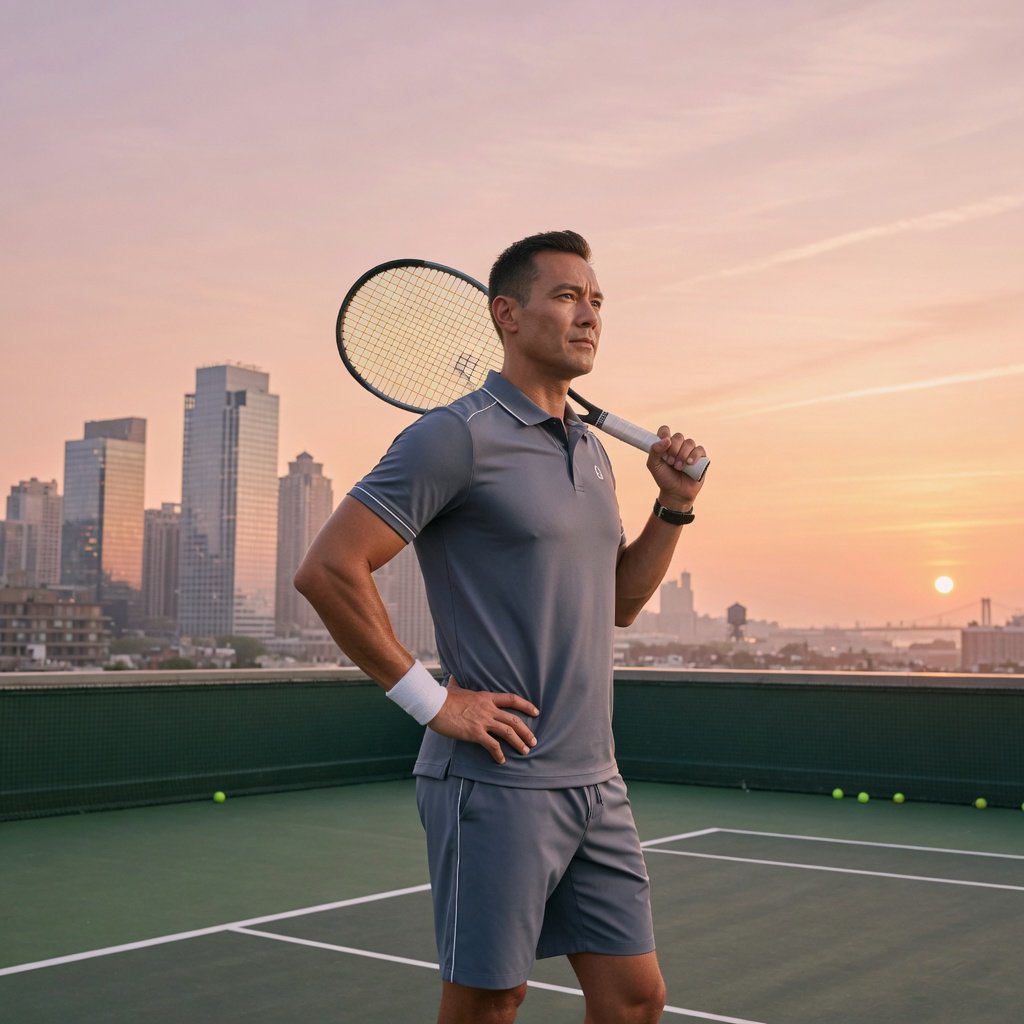 Editorial glamour photograph of an adult man in a slate-gray fitness set, pausing naturally beside a rooftop tennis court at sunrise, soft flattering light catching his focused expression and the city skyline beyond. — Grok Imagine Image Quality
