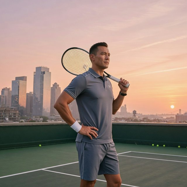 Editorial glamour photograph of an adult man in a slate-gray fitness set, pausing naturally beside a rooftop tennis court at sunrise, soft flattering light catching his focused expression and the city skyline beyond. — Grok Imagine Image Quality