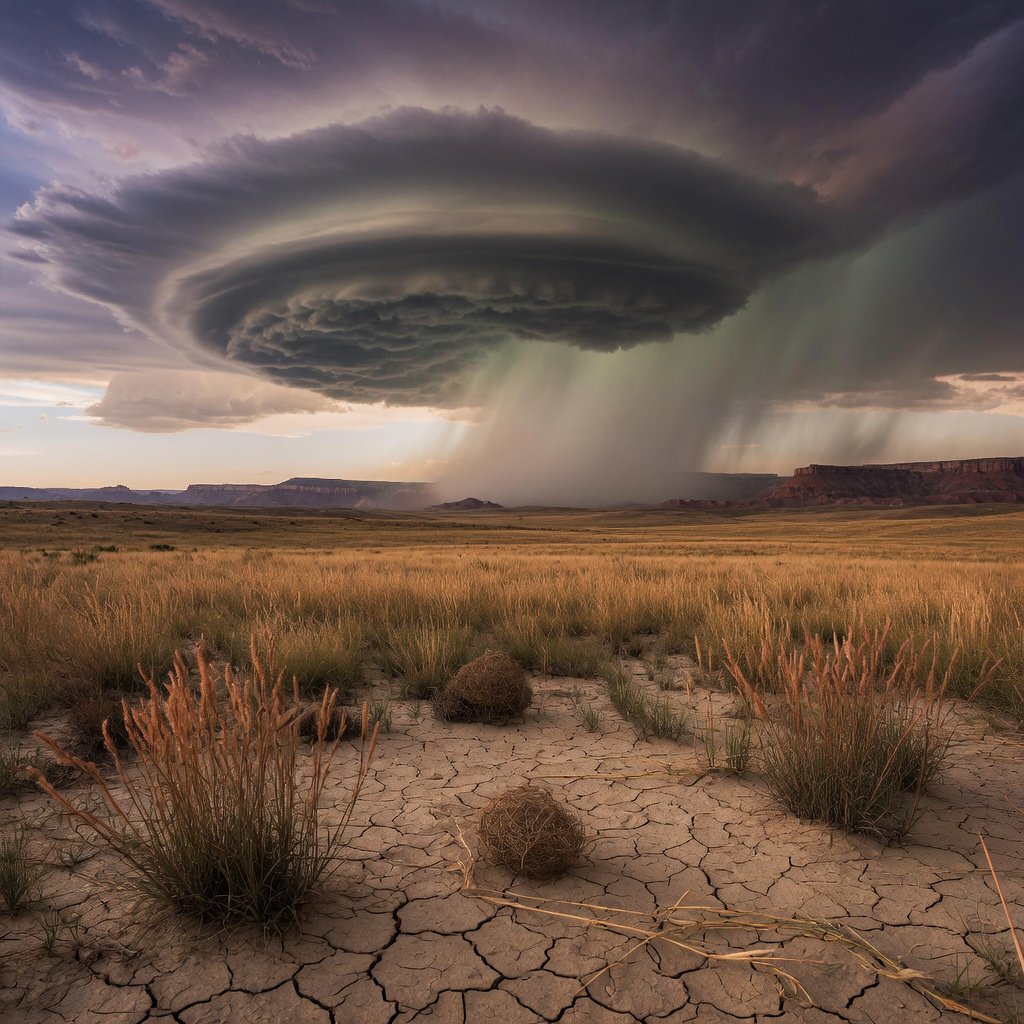 Across a tawny prairie basin, a rotating thunderstorm gathers in the late afternoon beneath bruised clouds, rain veiling distant buttes; seed heads and cracked earth in the foreground contrast with ridges softened by the advancing downpour. — Grok Imagine Image Quality
