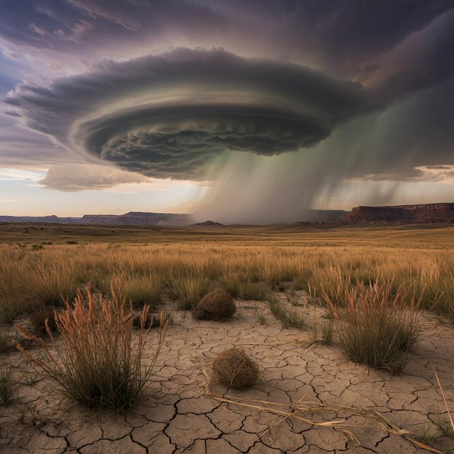 Across a tawny prairie basin, a rotating thunderstorm gathers in the late afternoon beneath bruised clouds, rain veiling distant buttes; seed heads and cracked earth in the foreground contrast with ridges softened by the advancing downpour. — Grok Imagine Image Quality