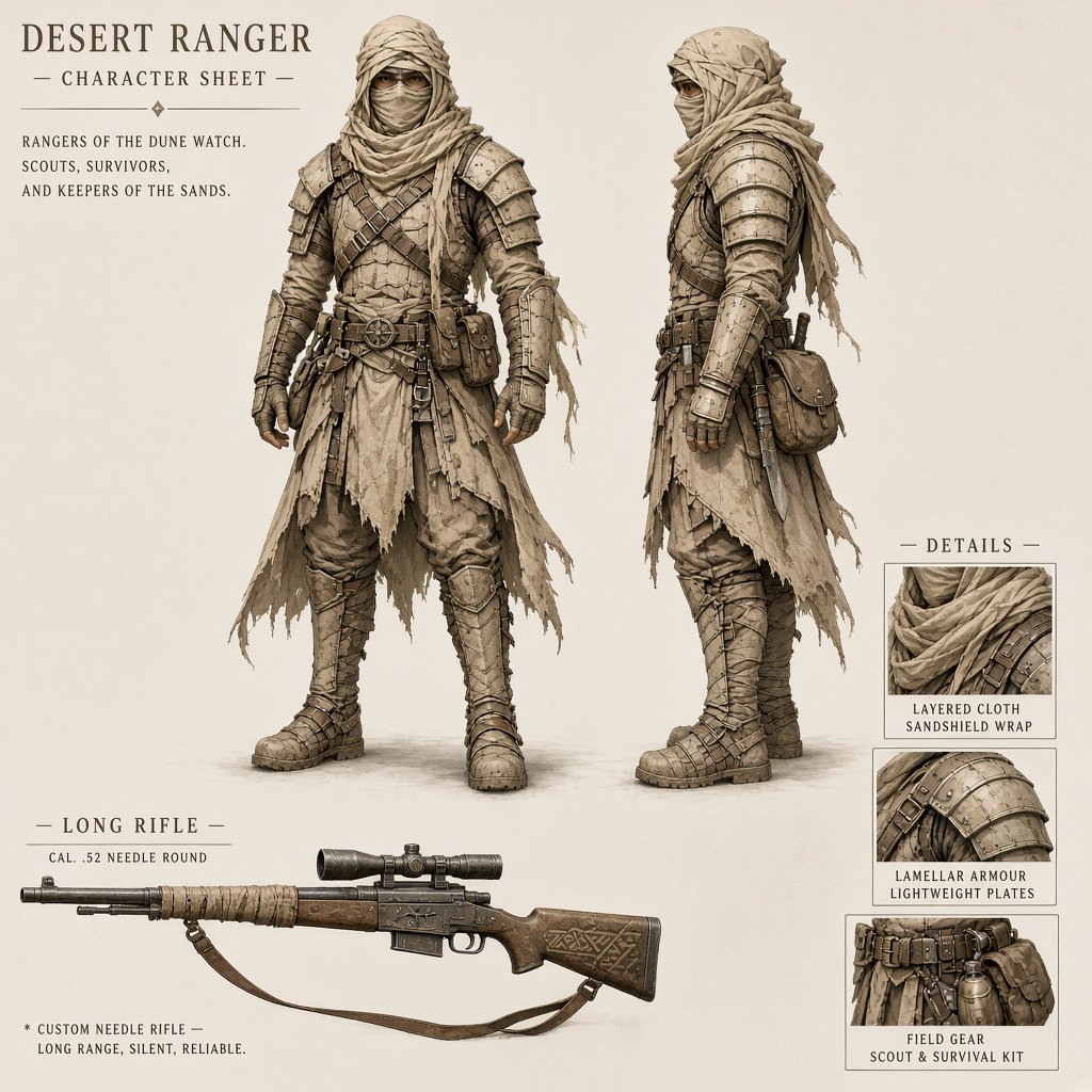 Character design sheet of a desert ranger in layered sand-coloured armour with a long rifle, front and side view, neutral background. — Grok Imagine Image 2