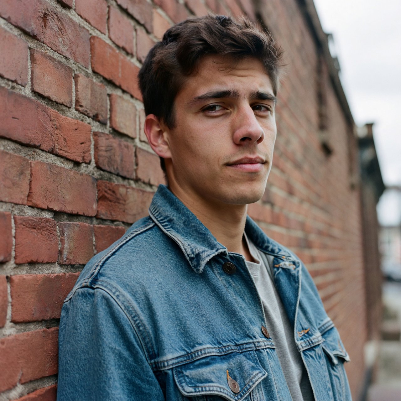 Environmental portrait of a young man in a denim jacket leaning on a red brick wall, overcast light, looking just past the camera. — ImagineArt 2