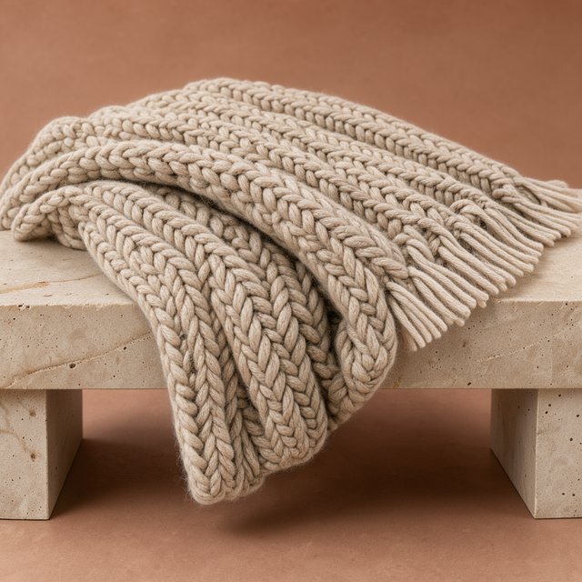 Soft folds of an unbranded chunky-knit wool throw rest on a pale travertine bench; its looped surface catches broad diffused key light and gentle side fill against a muted terracotta studio background, forming a clean commercial product image with no lettering. — Model 2