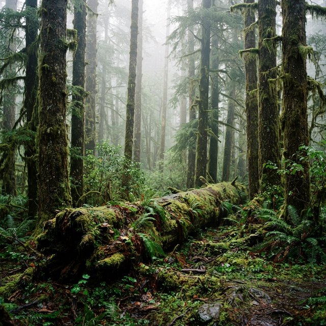 Old-growth temperate rainforest after rain, moss-covered fallen log, fog between the trunks, soft diffused light. — Nano Banana 2 Lite