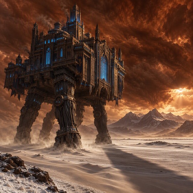 A colossal walking citadel crosses a salt desert, its ironwood legs striding through windblown dunes beneath a copper storm. Blue furnace light leaks from carved windows, casting a long shadow toward distant mountains. — GPT Image 2.5 Flare