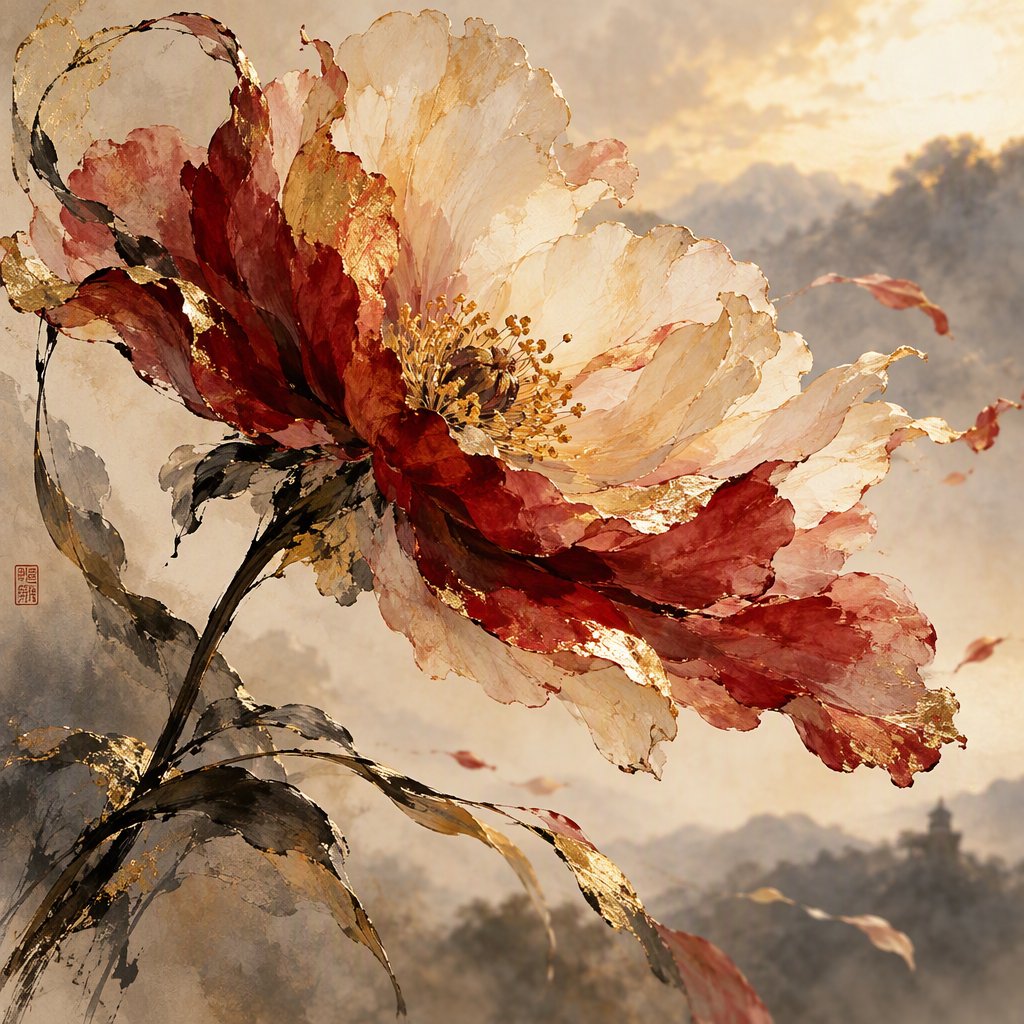 Gently sweeping forms emerge from long, subtle color transitions and soft contours. Bold ink strokes create resilient, confident edges that taper and densify in response to pressure. Raised, polished gold captures directional light in warm, metallic flashes. Luminous, rim-lit gradients blend wet-on-wet into floating patches of color, while a restrained palette of warm ochre, ivory, and deep crimson creates radiant, painterly highlights against a soft, atmospheric background. A flower in the summer wind. — GPT Image 2.5 Sunburst
