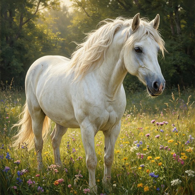 a regal white horse with a flowing mane, standing in a sun-dappled meadow filled with vibrant wildflowers. Gentle light illuminates the scene, highlighting the horse's powerful physique and the delicate details of the flowers. The style is reminiscent of Romantic era landscape paintings with a soft, impressionistic touch. — Qwen Image 3.0 Pro