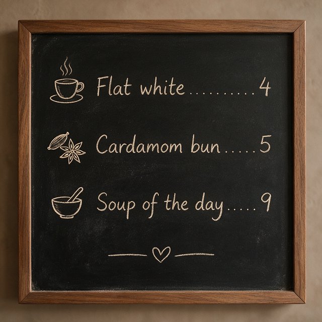 A café chalkboard listing exactly three items: "Flat white 4", "Cardamom bun 5", "Soup of the day 9", in neat chalk handwriting. — Seedream 5.0 Pro