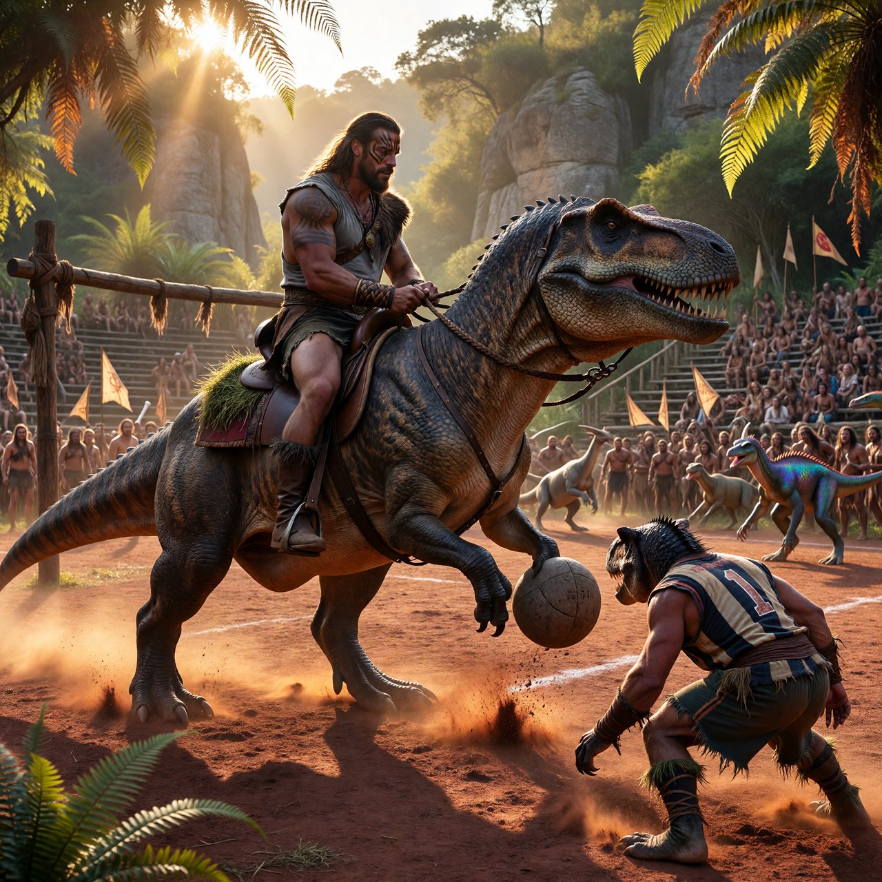 Wide shot of a golden-hour prehistoric football match, photorealistic, cinematic. A weathered, muscular adult caveman with ochre face paint sits upright on a plump medium T-Rex's back, gripping a braided leather leash. The mounted T-Rex strains mid-kick, wearing a tiny faded grey cotton T-shirt riding up over its scaled shoulders and frayed athletic shorts bunched at its hips, one massive clawed foot cocked back behind a pockmarked 3ft stone football. A weathered timber goalpost stands 20 yards ahead; the opposing T-Rex goalie hunches ready in a sleeveless striped jersey #1 and grass-stained shorts, claws dug into dusty red earth. Sunlit bleachers line the natural rock arena: cheering adult cave families wave bone flags, assorted small dinosaurs bounce and roar along the sidelines, warm late-afternoon light gilds fern fronds and dinosaur scales, soft long shadows stretch across the playing field, playful triumphant atmosphere, sharp focus on the kicking T-Rex, shallow depth of field on spectators. — ImagineArt 1.5 Pro