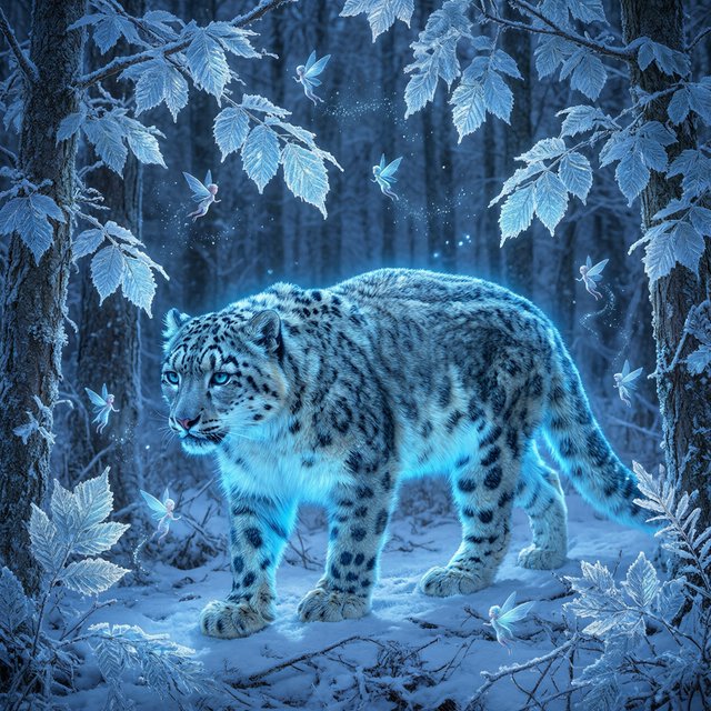 A majestic snow leopard, its fur shimmering with an internal bioluminescent glow, stalks through a frozen, enchanted forest. Crystalline trees with glowing, frost-covered leaves create a magical winter wonderland. Tiny, winged sprites flit between the branches, leaving trails of stardust. The image should capture the essence of a fairytale winter scene with a touch of photorealism, emphasizing the mystical light and the creature's ethereal presence. — Model 18