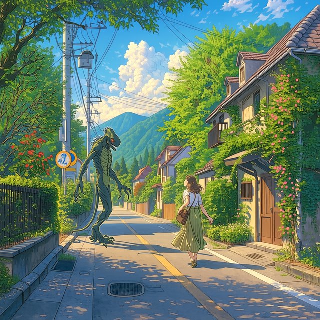Alien monster walking down the street, greeting a beautiful woman walking toward him down the street on a lovely sunny day! — Midjourney Niji 7
