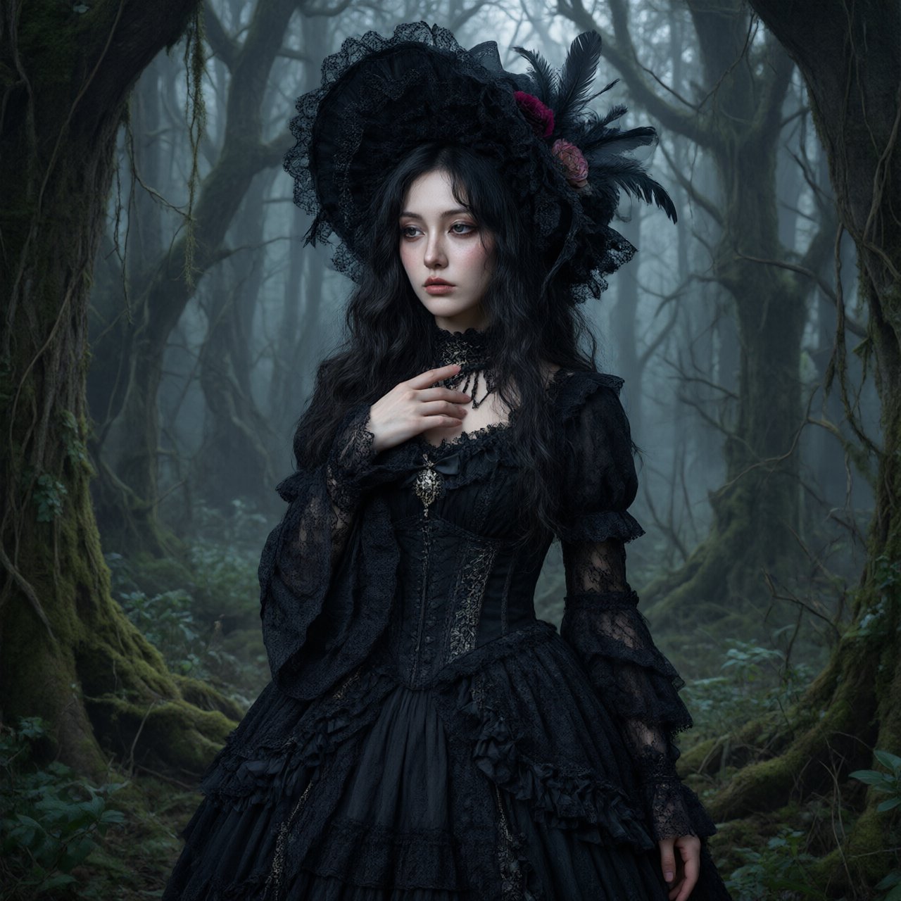 Surreal, ethereal East Asian adult beauty, 21 years old, in maximalist Gothic attire, with the most beautiful expression. — Qwen Image 3.0