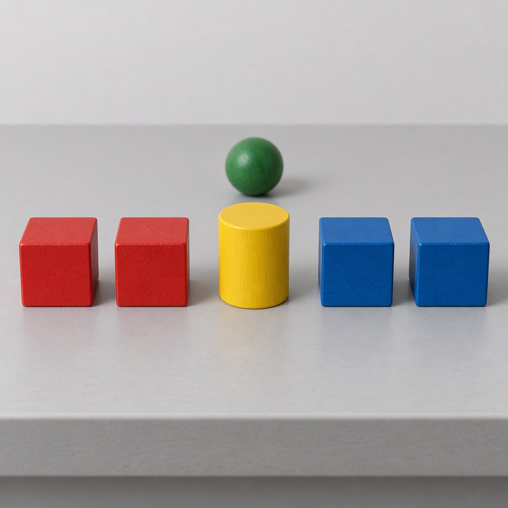 Exactly five wooden toy blocks sit on a pale gray table: two red cubes on the left, one yellow cylinder in the center, and two blue cubes on the right. A small green ball sits behind the cylinder, nothing else. — GPT Image 2.5 Sunburst