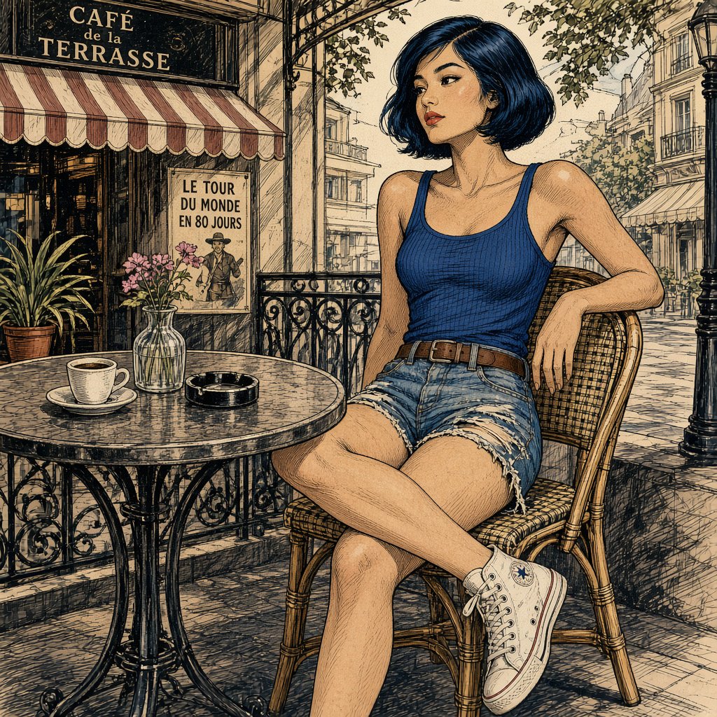Classic American adventure-comic art with a strong 1930s–1950s pulp and Hollywood glamour influence. Exceptionally polished pen-and-ink draftsmanship, elegant controlled outlines, varied line weight, precise feathering, restrained crosshatching, and carefully placed solid blacks. Realistic but gracefully idealized anatomy, believable weight and balance, expressive naturalistic faces, and subtle character acting. Attractive characters with vintage glamour, sculpted features, and meticulously rendered hair. Strong three-dimensional form, convincing fabric folds, polished metal, leather, and other materials rendered with clarity and care. Romantic retro adventure atmosphere, richly detailed without clutter. Traditional hand-inked comic look, restrained flat colors. Avoid modern superhero exaggeration, extreme musculature, heavy digital rendering, and photorealism. A beautiful Asian woman sits at a cafe table, legs crossed. Blue tank top, torn shorts, sneakers, short bob hair dyed blue. — Grok Imagine Image 2