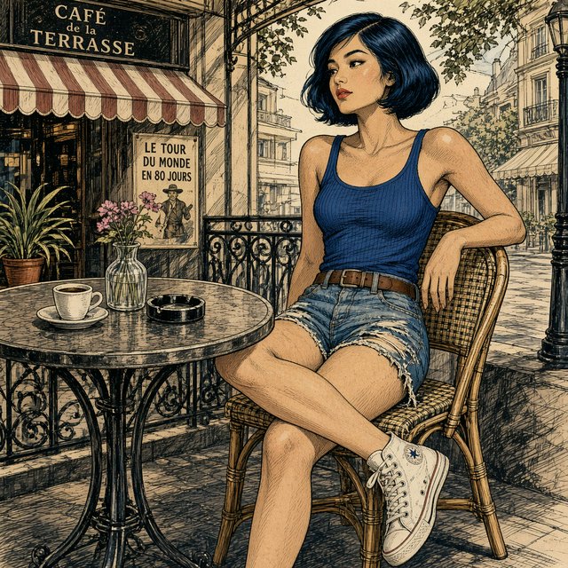 Classic American adventure-comic art with a strong 1930s–1950s pulp and Hollywood glamour influence. Exceptionally polished pen-and-ink draftsmanship, elegant controlled outlines, varied line weight, precise feathering, restrained crosshatching, and carefully placed solid blacks. Realistic but gracefully idealized anatomy, believable weight and balance, expressive naturalistic faces, and subtle character acting. Attractive characters with vintage glamour, sculpted features, and meticulously rendered hair. Strong three-dimensional form, convincing fabric folds, polished metal, leather, and other materials rendered with clarity and care. Romantic retro adventure atmosphere, richly detailed without clutter. Traditional hand-inked comic look, restrained flat colors. Avoid modern superhero exaggeration, extreme musculature, heavy digital rendering, and photorealism. A beautiful Asian woman sits at a cafe table, legs crossed. Blue tank top, torn shorts, sneakers, short bob hair dyed blue. — Model 5