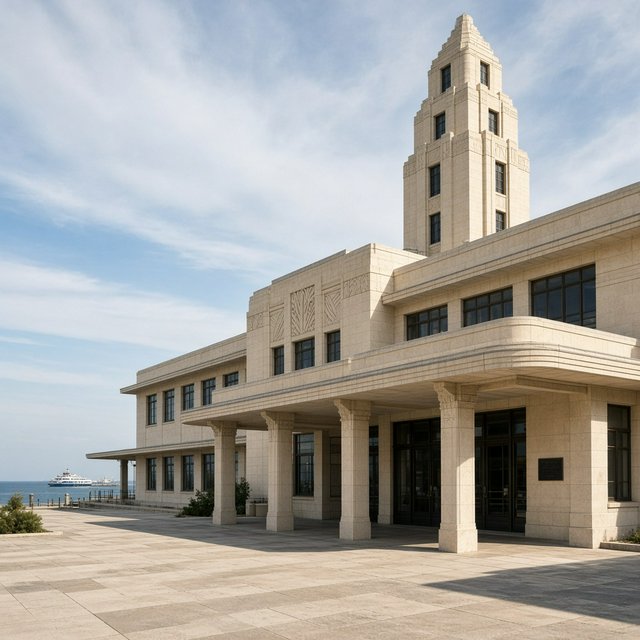 Exterior of a coastal Art Deco ferry terminal, cream limestone, dark bronze window frames, stepped geometric tower and sheltered arcade, late-morning sunlight casting sharp shadows, viewed from across a windswept stone forecourt, realistic architectural photography with precise lines and plausible structure. — Grok Imagine Image 2