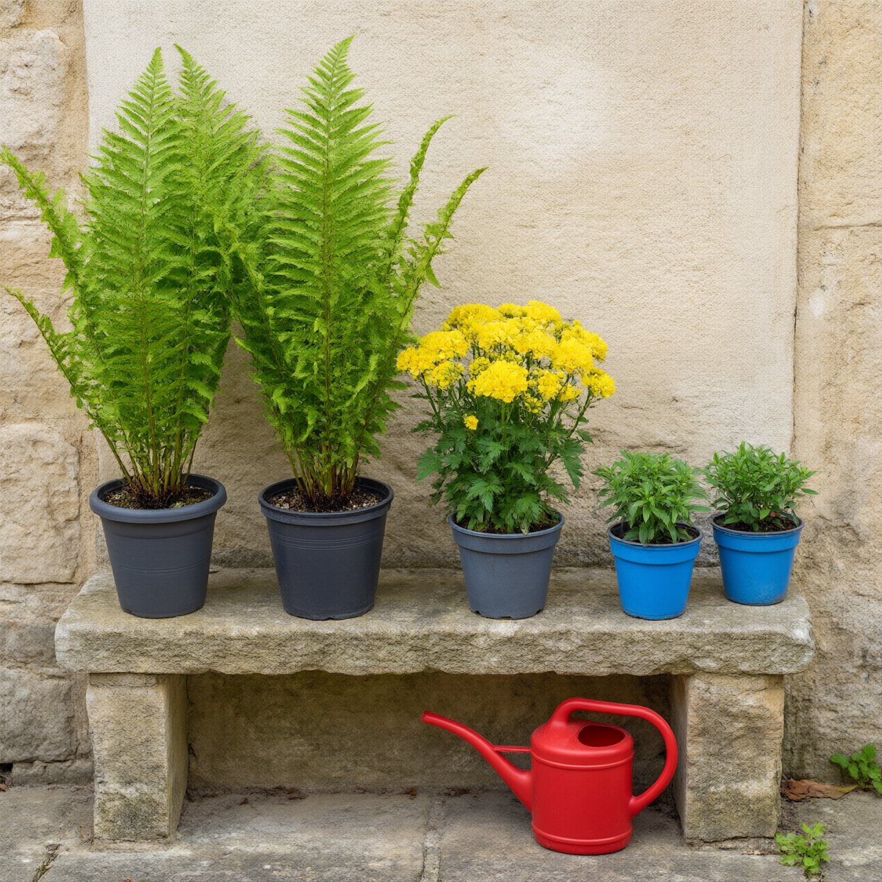 Exactly five potted plants stand on a stone ledge: two tall green ferns on the left, one flowering yellow plant in the center, and two small blue pots on the right. A red watering can sits below, nothing else. — Qwen Image 3.0