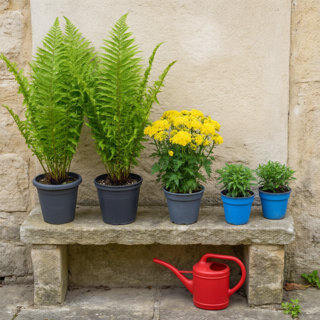Exactly five potted plants stand on a stone ledge: two tall green ferns on the left, one flowering yellow plant in the center, and two small blue pots on the right. A red watering can sits below, nothing else. — Qwen Image 3.0