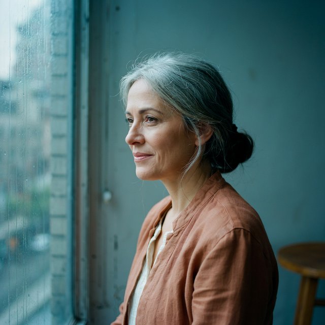 By a rain-streaked studio window, an adult woman in her early 60s turns in profile for a portrait photograph, wearing a copper-colored linen jacket over a cream cotton blouse. Her quietly amused expression rests against a muted blue-gray wall, shaped by cool, soft window light. — Ideogram v4